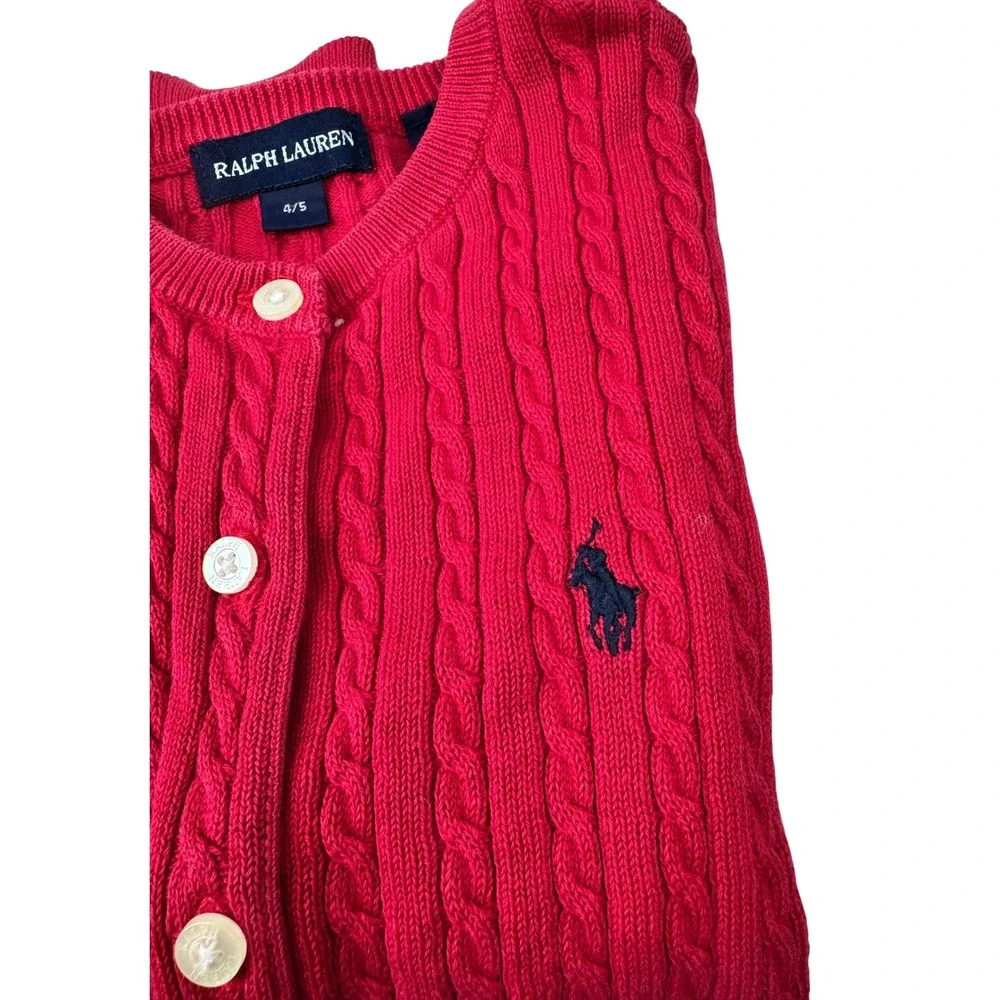 Ralph Lauren Cardigan Kids 4/5 Red Cable Knit Cotton Pony Sweater Preppy Classic